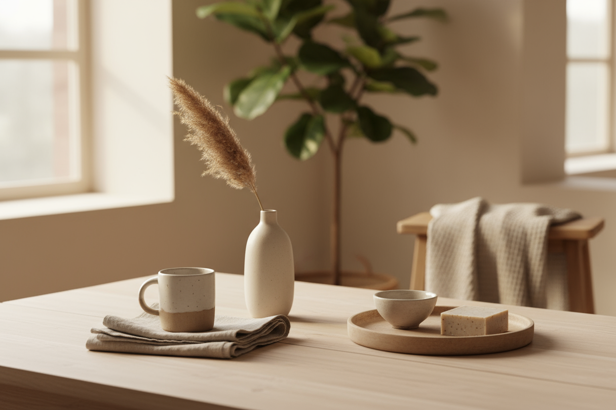 minimalist lifestyle product photography, warm natural lighting, neutral tones, wooden textures, ceramic and linen home goods arranged aesthetically on a clean table, cozy yet sophisticated atmosphere, editorial style, depth of field, high-end e-commerce look