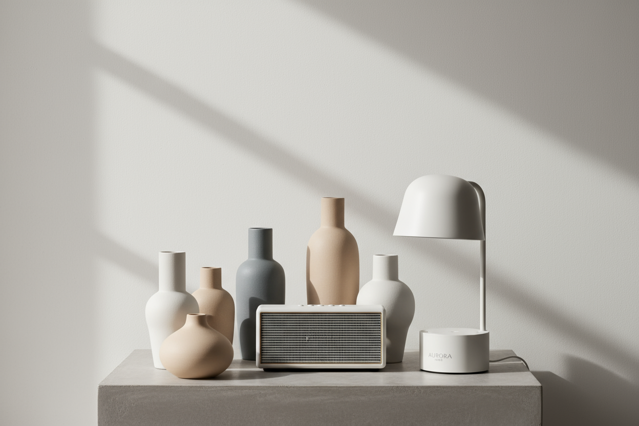 modern conceptual product photography, sleek design objects with matte finish, neutral palette (beige, grey, white), clean background, soft daylight, focus on texture and form, contemporary aesthetic, premium lifestyle brand vibe, editorial composition