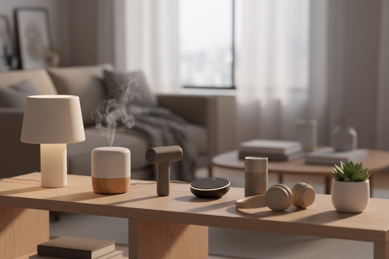 modern lifestyle e-commerce hero image, aesthetic arrangement of everyday products like lamps, aroma diffusers, massage devices, minimalist home gadgets, placed on clean table or shelf, warm neutral lighting, cozy home setting, soft shadows, premium product photography, editorial composition, depth of field, inviting atmosphere, realistic textures